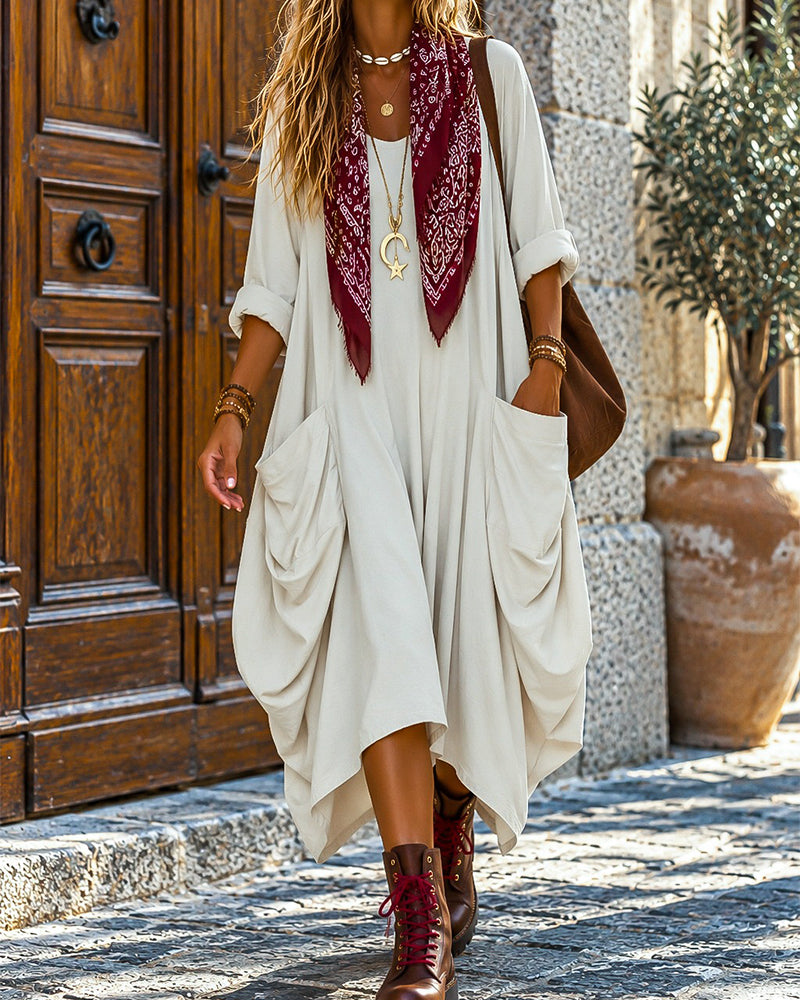 Loose Big Pocket Solid Color Long Dress