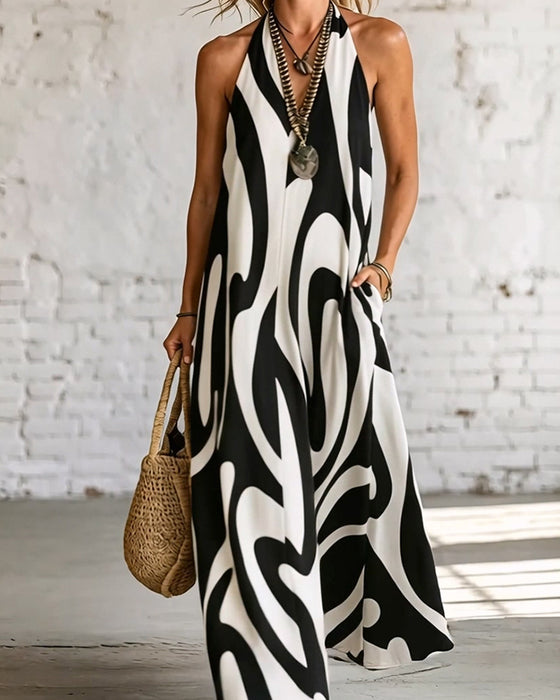 V-Neck Sleeveless Geometric Pattern Dress