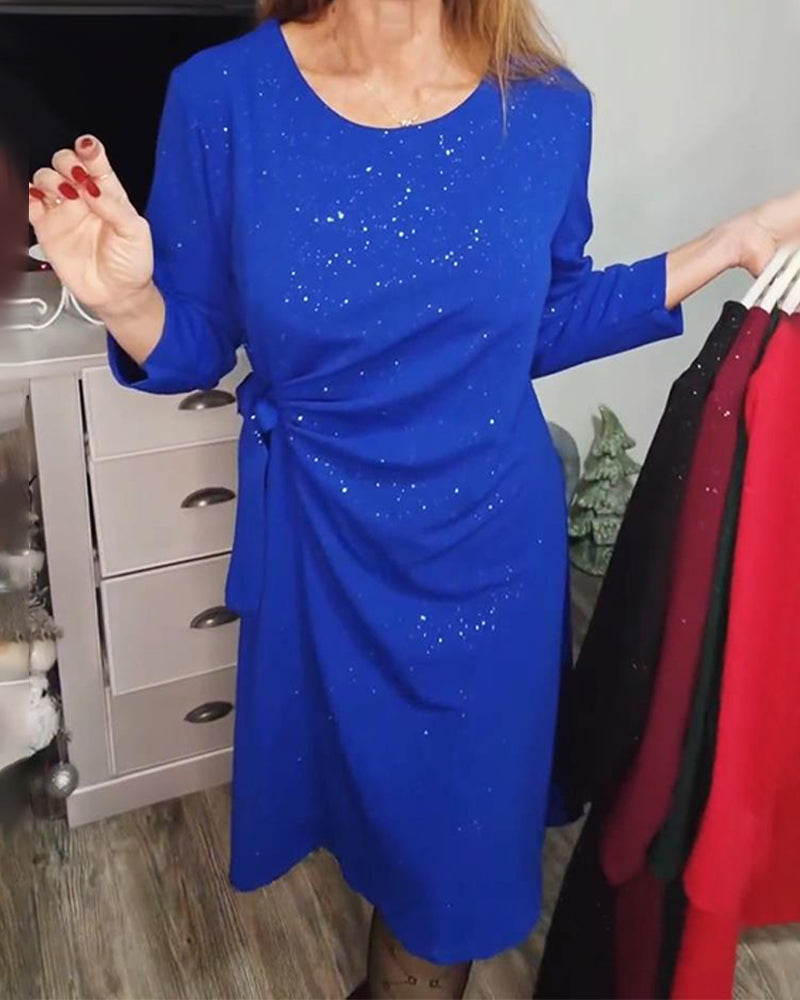 Round Neck Long Sleeves Knotted Waist Dress