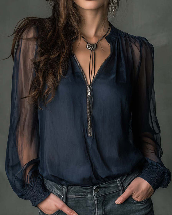 Half-Zip Mesh Long-Sleeve Blouse