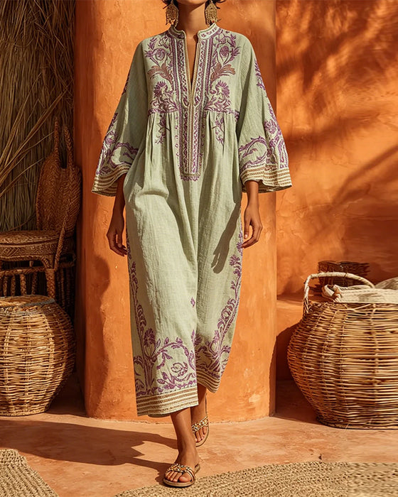 V-Neck Ethnic Print Loose Fit Dress