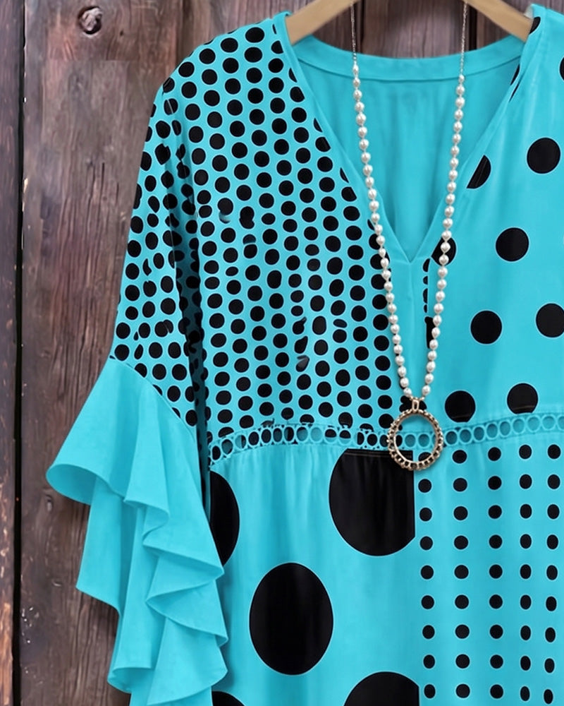 Mixed Polka Dot Patchwork Ruffle Blouse