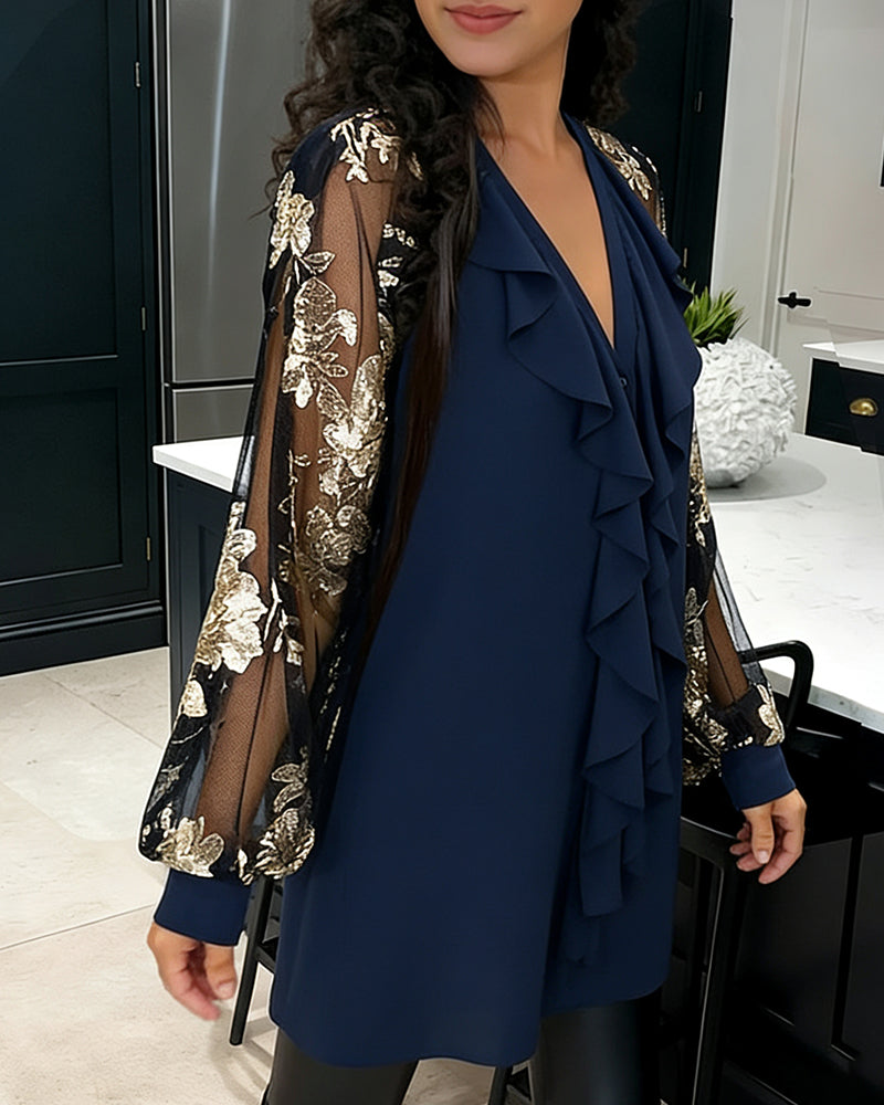 Fashionable Mesh Lotus Leaf Loose Blouse