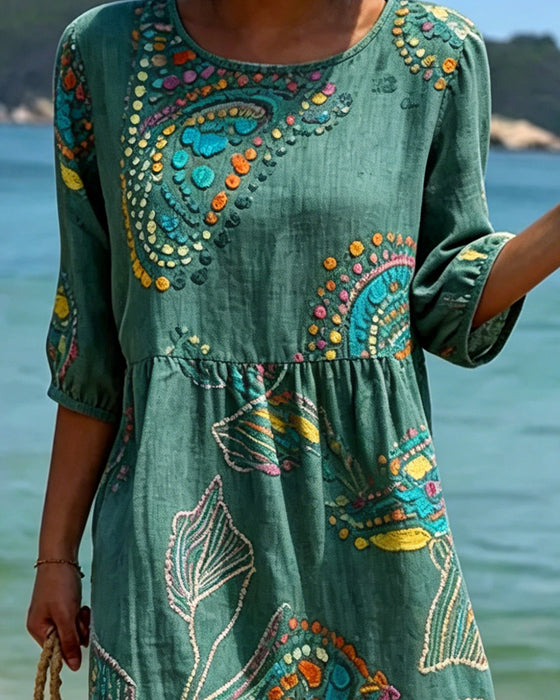 Print Round Neck Shirred Casual Dress