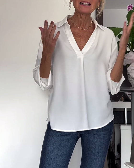 Simple solid color lapel long sleeve top