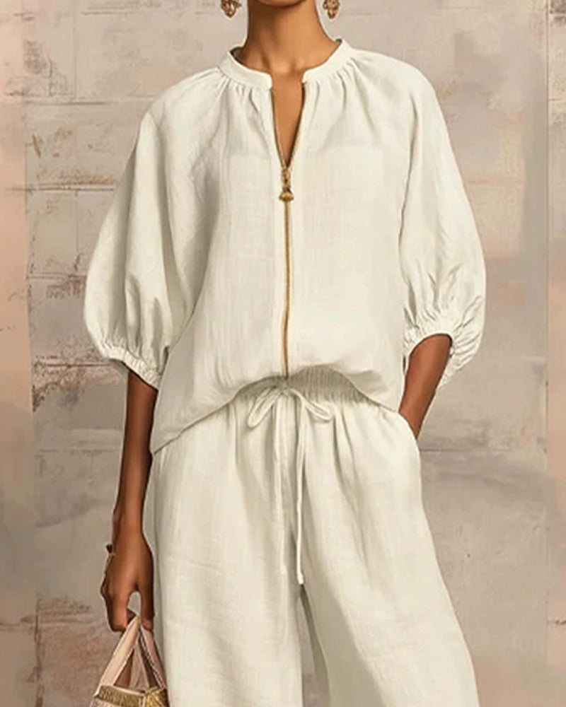Zipper Crewneck Top Wide Leg Pants Two-Piece Sets
