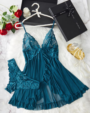 Ladies' Sexy Ruffle Trim Lace Cami Nightdress & Bow Decor Panty Set