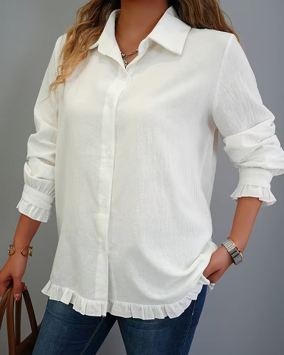 Cotton Ruffled Hem Collared Shirt