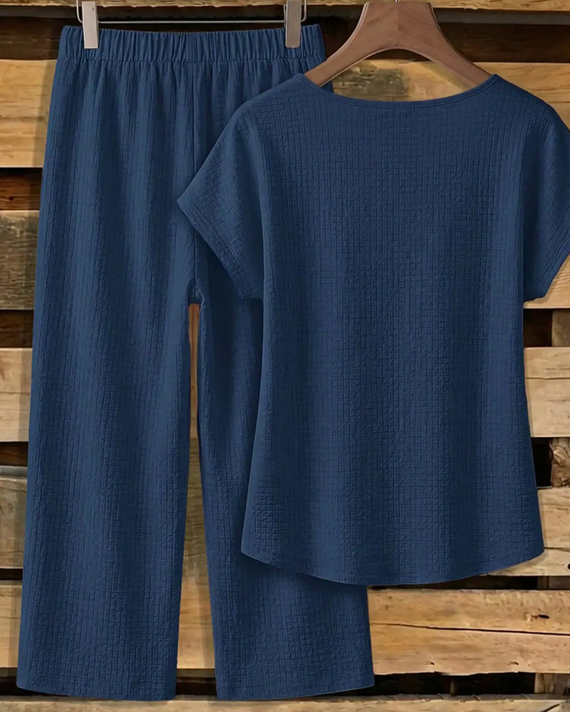 Short Sleeve Blouse + Wide-Leg Pants Set