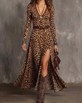Leopard-Print V-Neck Slit Dress