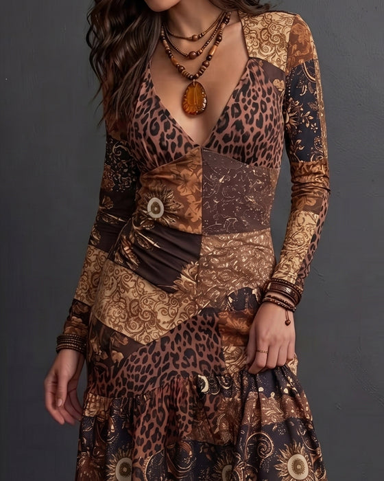 V-Neck Leopard Print Ruffled Long-Sleeve Dress