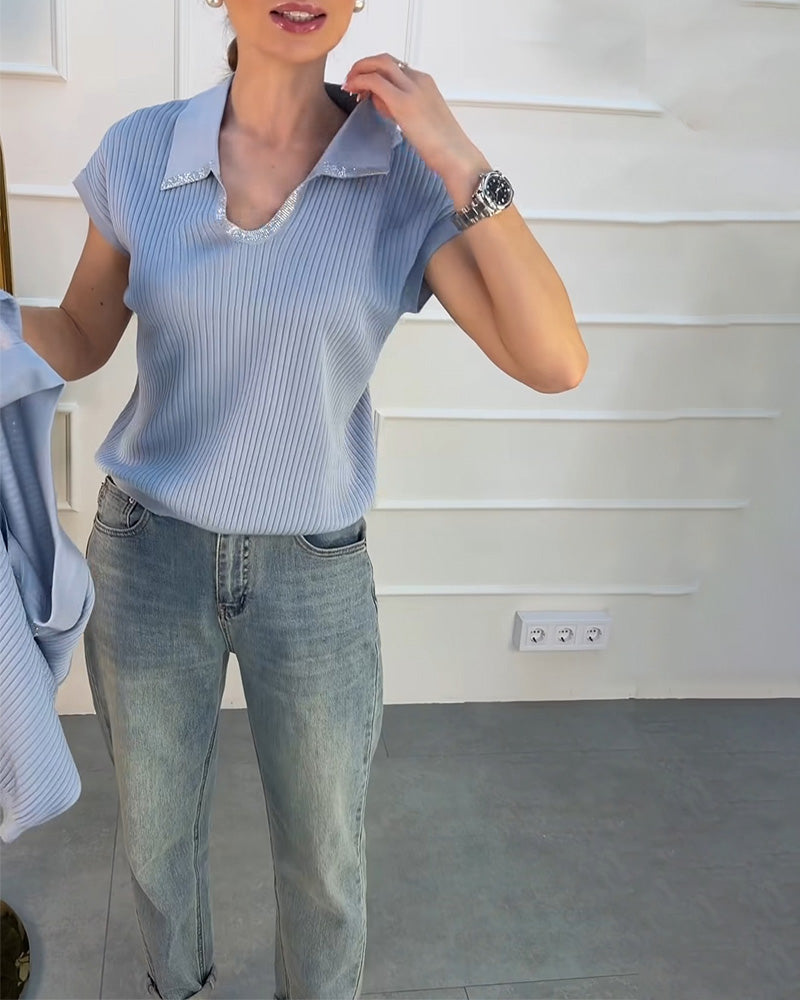 Lapel Solid Short Sleeve Pullover