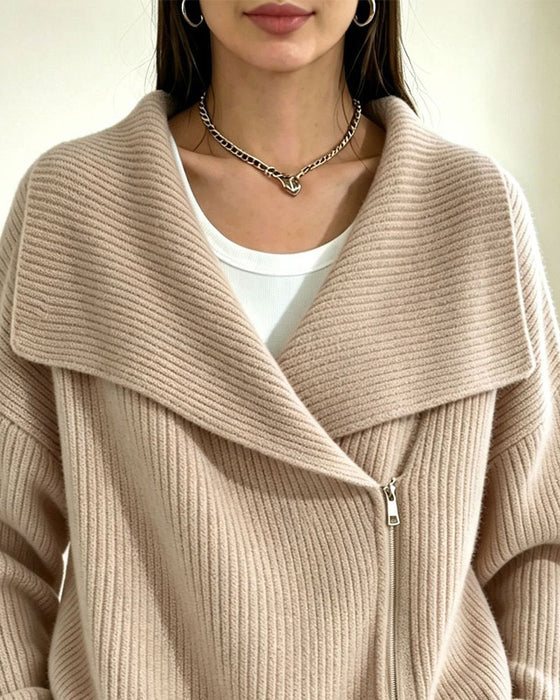 Large Lapel Diagonal Zipper Cardigan