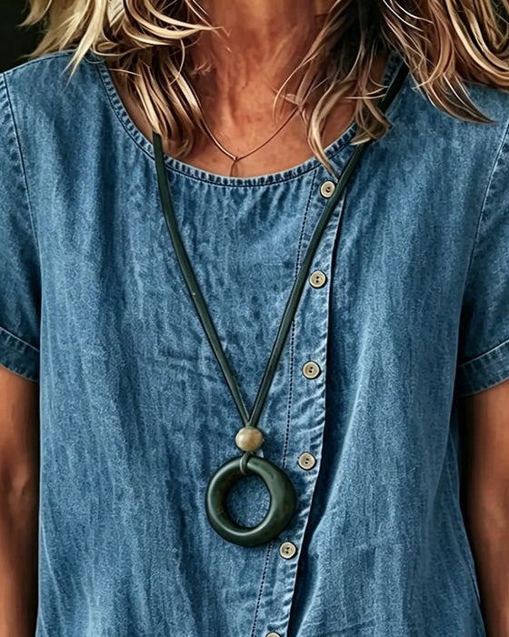Asymmetrical Crew Neck Denim Blouse