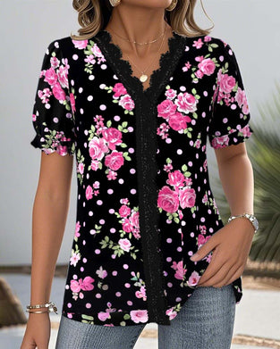 V-Neck Lace Lantern Sleeve Printed Blouse