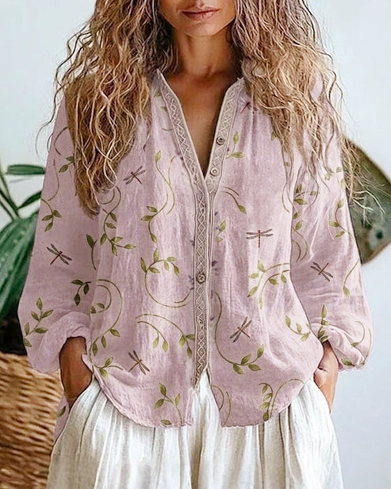 Dragonfly Embroidery V-Neck Blouse