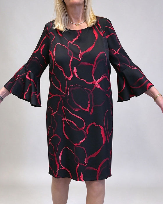Contrast Color Round Neck And Bell Sleeves Dress