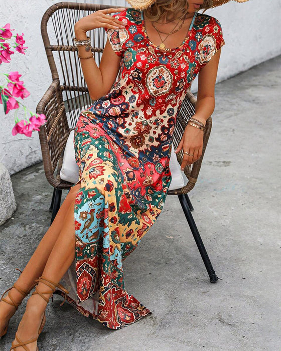 Colorful printed casual dress with slits