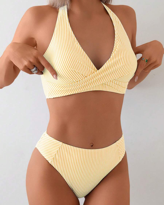 V-Neck Two-Piece Striped Swimsuit