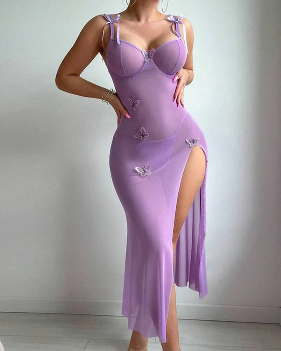 Mesh Butterfly High Slit Suspender Dress