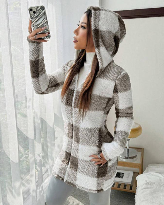Women's Plaid Fleece Long Sleeve Hooded Coat