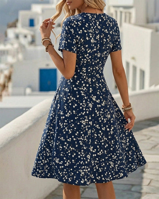 V-Neck Button Waist-Cinched A-Line Dresses
