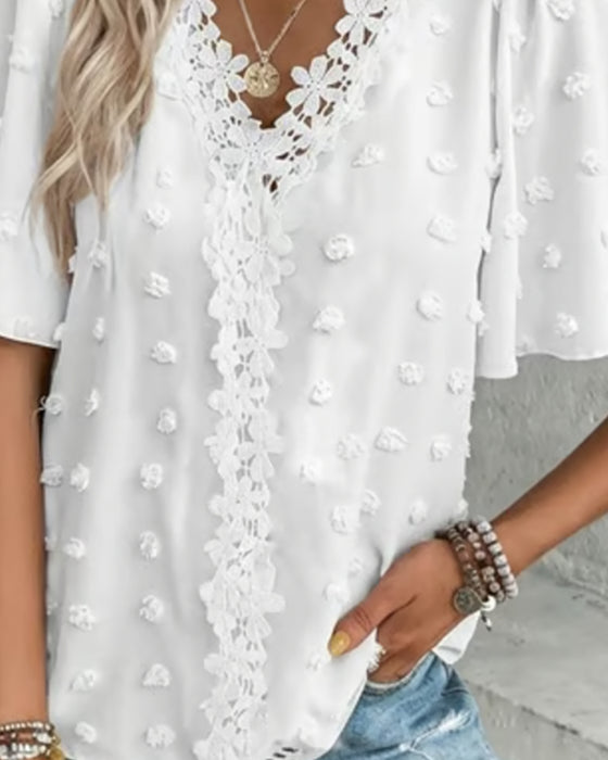 Spliced Jacquard Ruffle Sleeve Blouse