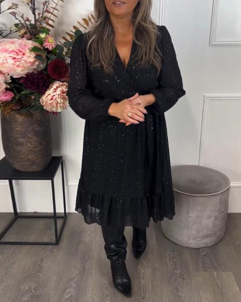 V-Neck Tie-Waist Shimmer Dress