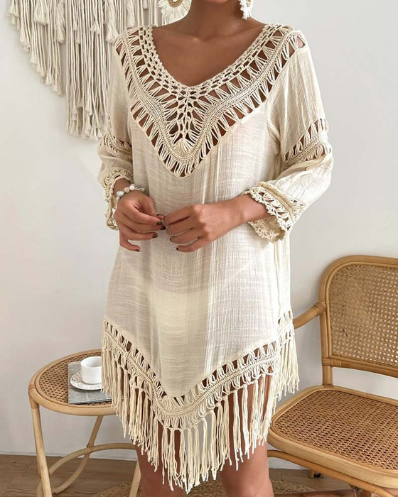 V-Neck Solid Color Hollow Cover Up