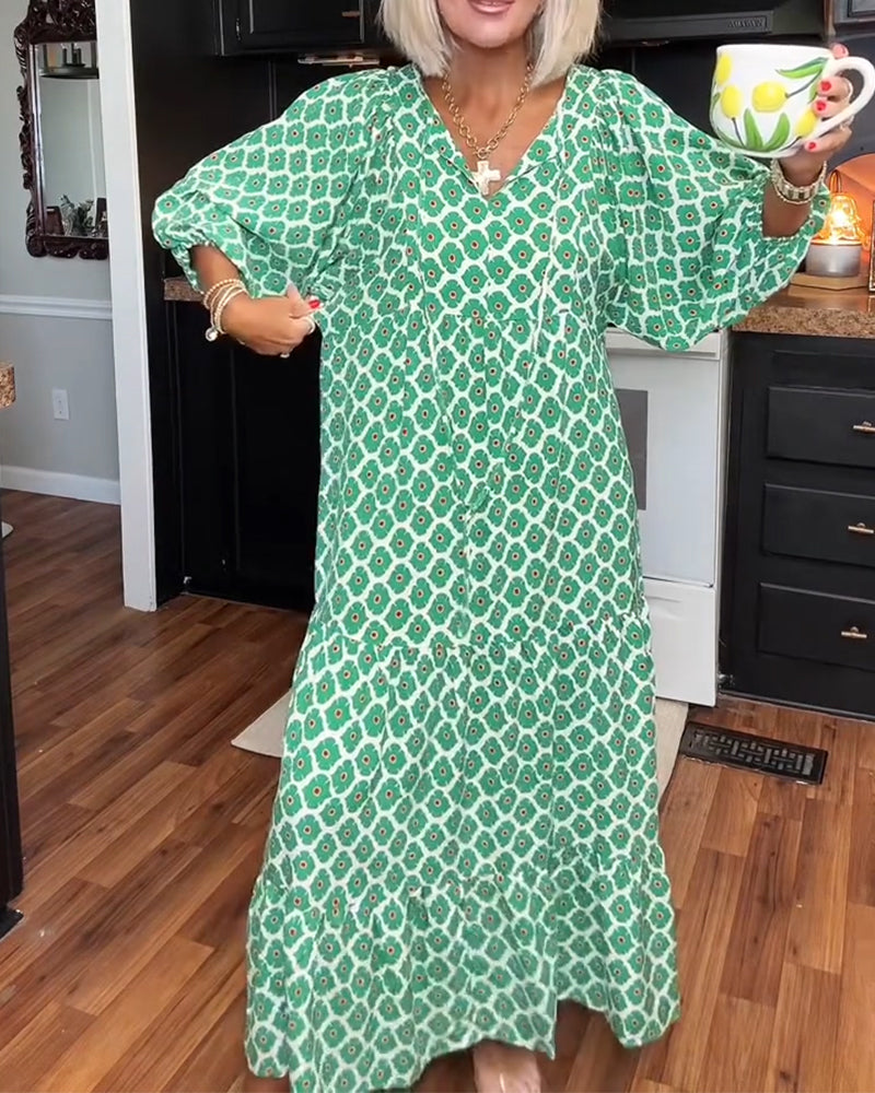 Diamond Print V-Neck Maxi Tiered Dress