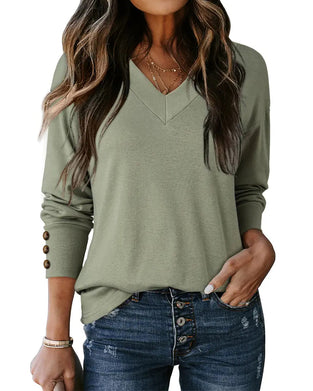 Cuff Button V-Neck Long Sleeve T-Shirt