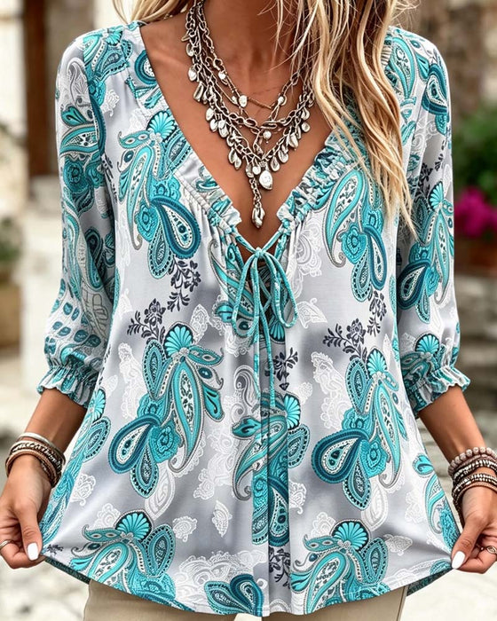 Paisley V-Neck Tie Blouses