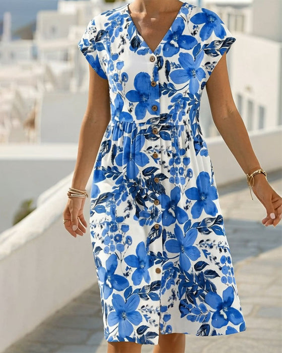 Floral Print V-Neck Short-Sleeve Dress
