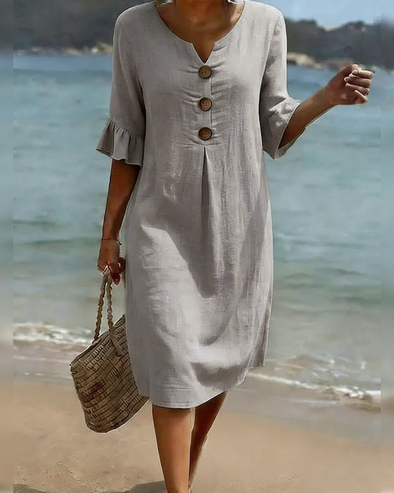 Button Ruffle Sleeve 100% Cotton Dress