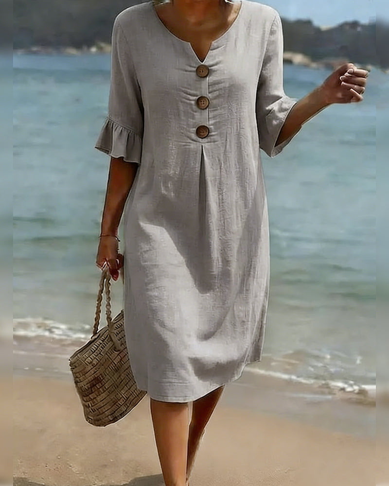 Button Ruffle Sleeve 100% Cotton Dress