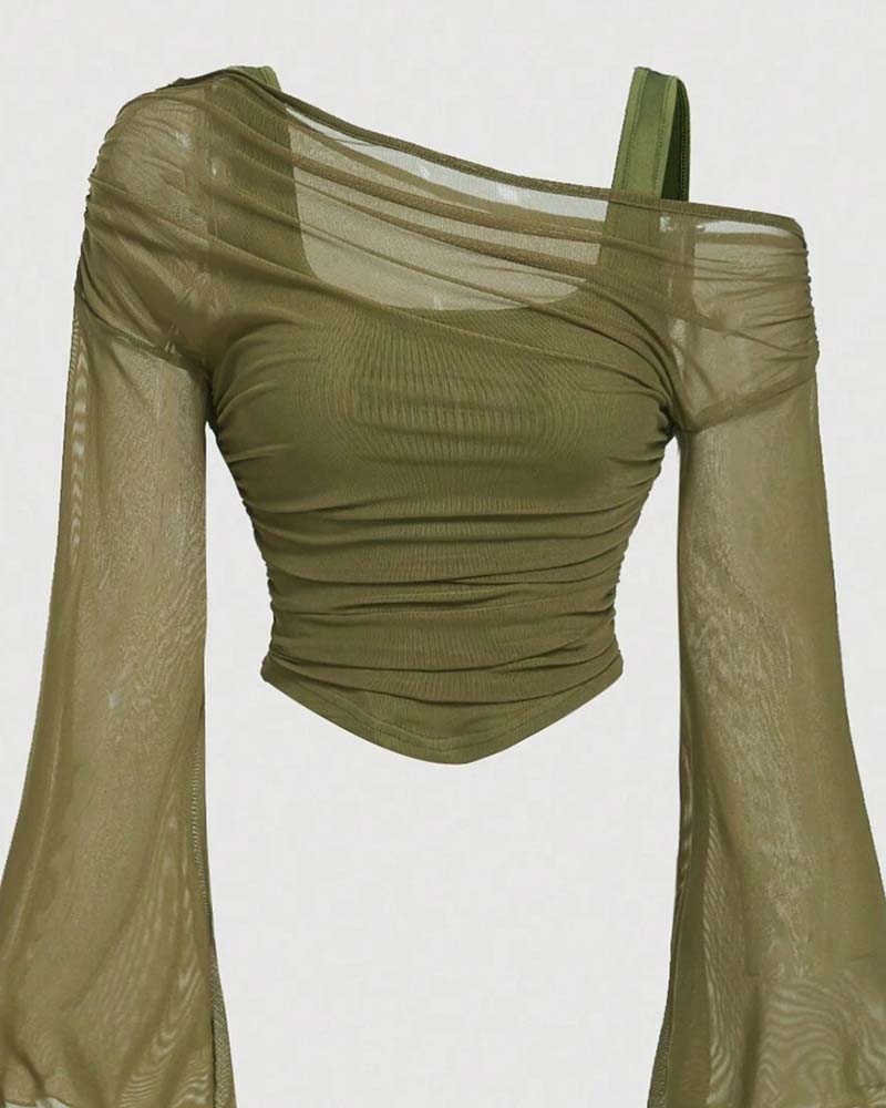 Mesh Ruffled Long Sleeve Cami Blouse