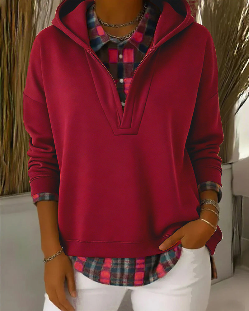 Faux Two-Piece Plaid Patchwork Hoodie