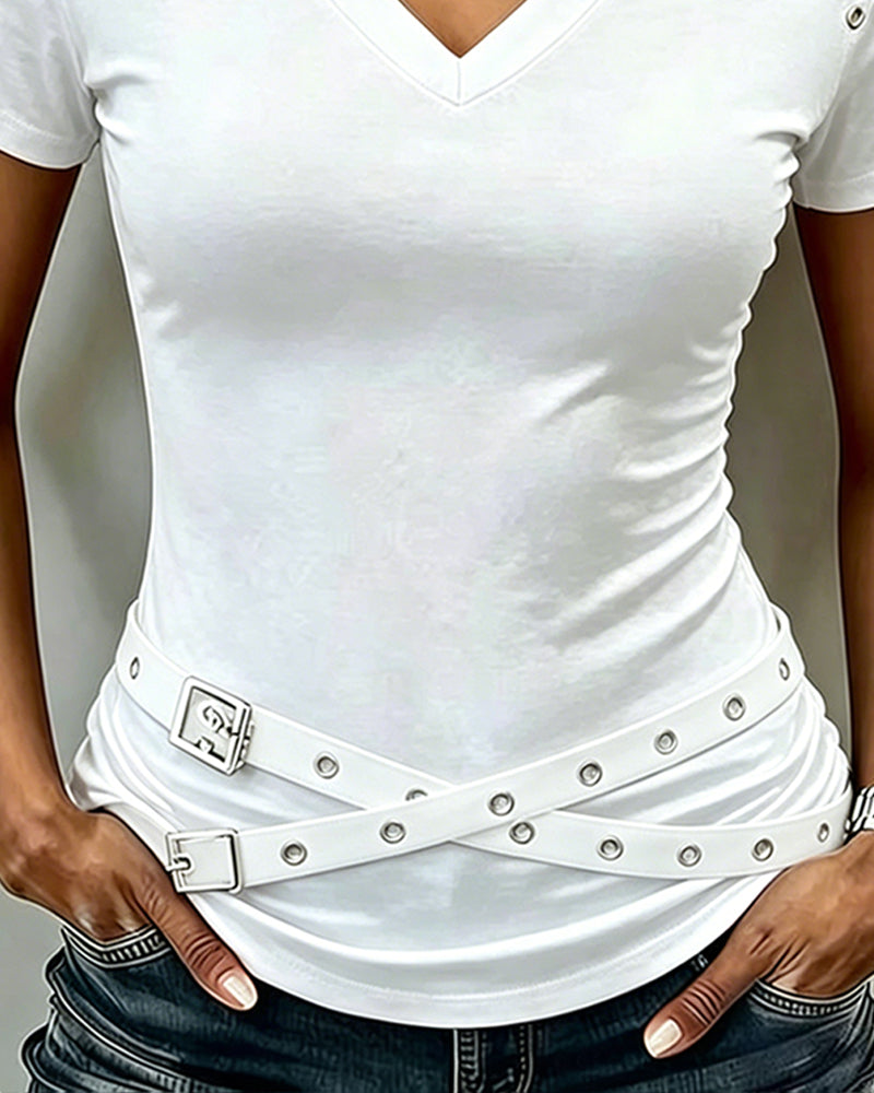 Cross Strap Hollow Out Slim Fit T-Shirt