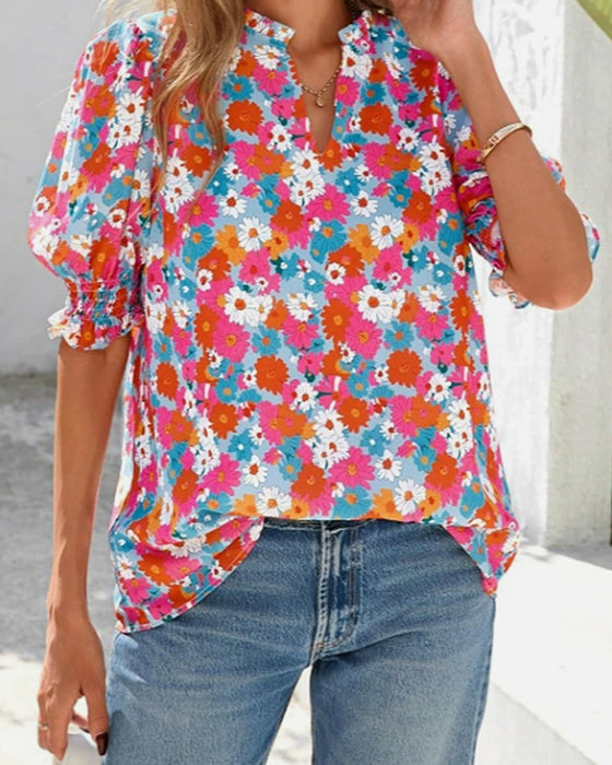Floral Puff Short Sleeve Blouse