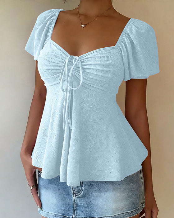 Hollow-Out Drawstring Short Sleeve Solid Color Blouse
