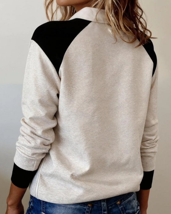 Stylish Lapel Contrast Color Sweatshirt