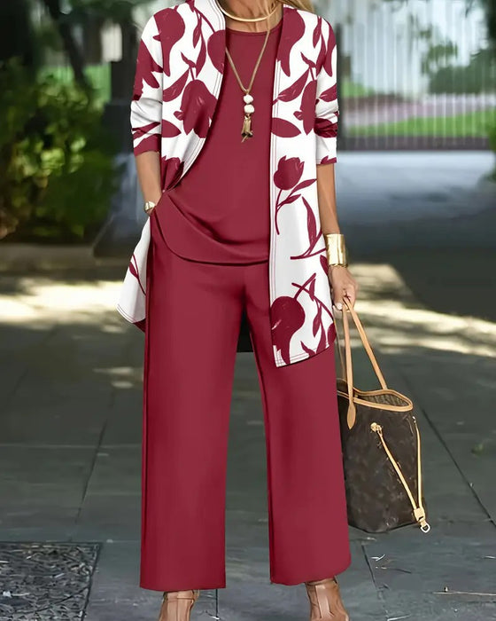 Layered Top Wide-Leg Pants Three-Piece Set