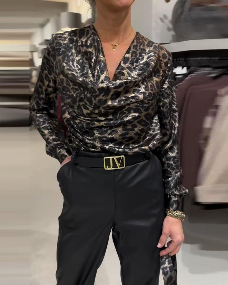 Stylish Leopard Print Shirt With Draped Collar