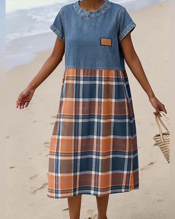 Denim Patchwork Plaid Casual Dress