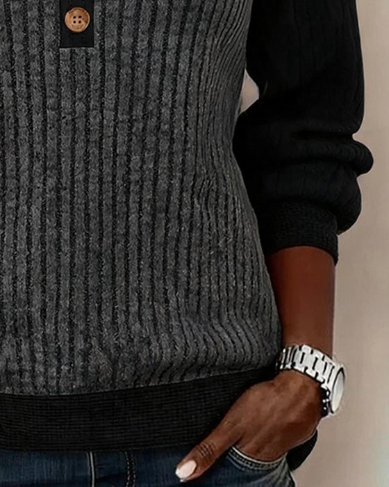 Button Color-Block Long Sleeve Top