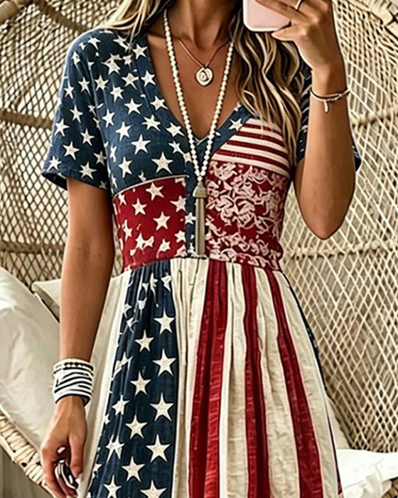 Stars and Stripes Patchwork Waist-Cinched Dresses