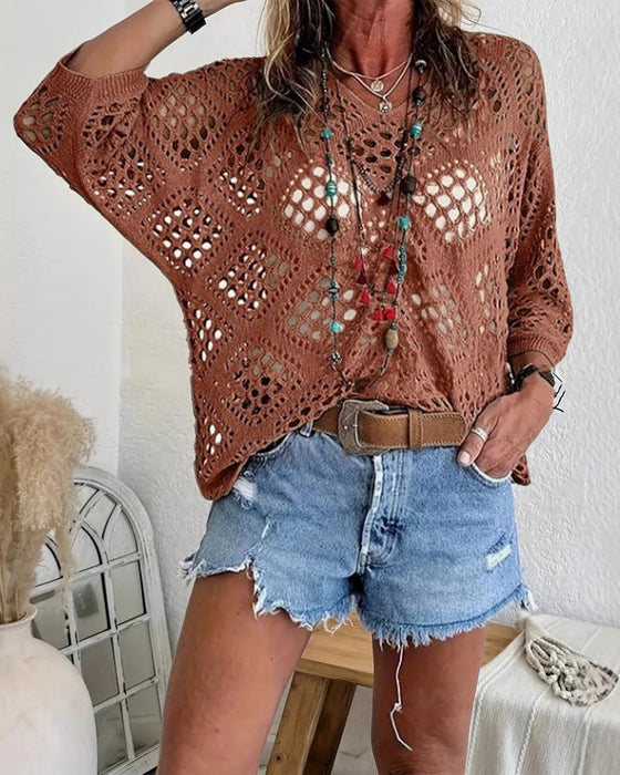 Diamond-Patterned Openwork Loose Top