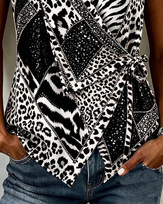 Leopard Print Tie Front Sleeveless Blouse