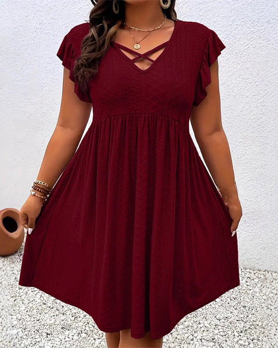 Solid Color Hollow-Out Lotus Leaf Sleeve Dress