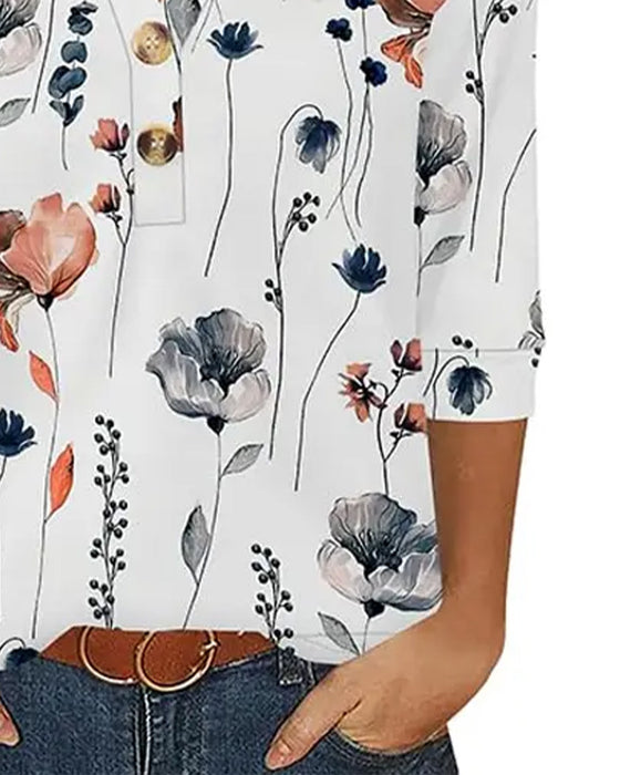 V-Neck Buttoned Three-Quarter Sleeve Blouse